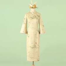 Vintage Cheongsam Suede Pearl Trim Chinese Elegant Traditional Cheongsam Dress