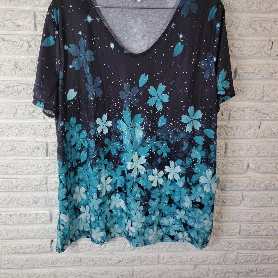 Womens Top 5XL Plus Tee Short Sleeve Blue Floral Cotton Blend Comfy Lightweight - Image 4 of 4