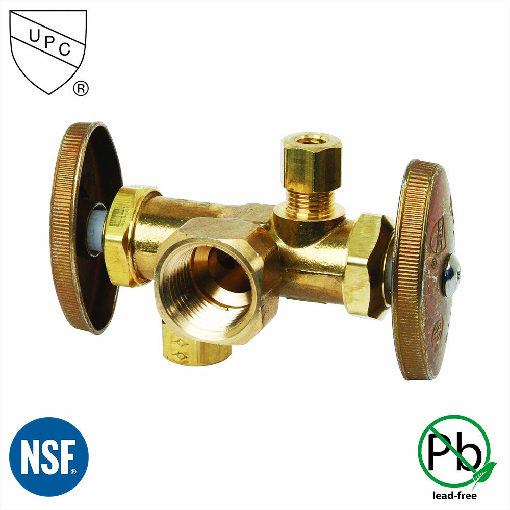 1/2  FIP x 3/8  Comp x 1/4  Comp Dual Outlet & Shut Off Multi Turn Stop Valve