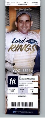 Oakland Athletics vs New York Yankees 7/9/2015 Full Ticket - Yogi Berra