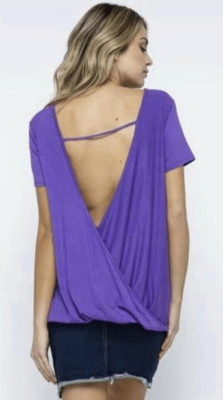 Eldridge Peek-a-WOW Twisted Open Back Top Women s 3X-Large Purple Short Sleeve