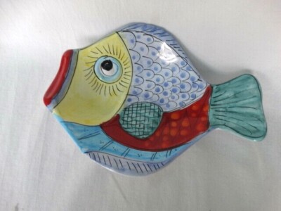 Contemporary Vietri Italy Colorful Hand Painted Fish Fish 10'' Yellow Face Dish
