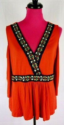 BOSTON PROPER Cold Shoulder Embroidered Top Blouse Size XL Red