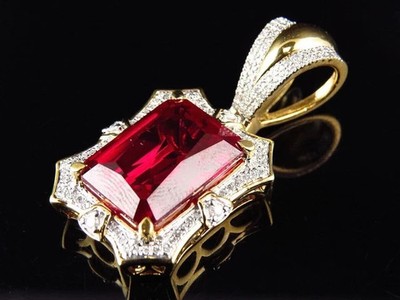 1.50CT Emerald Cut Lab Created Red Ruby Charm Pendant 14K Yellow Gold Plated 18''