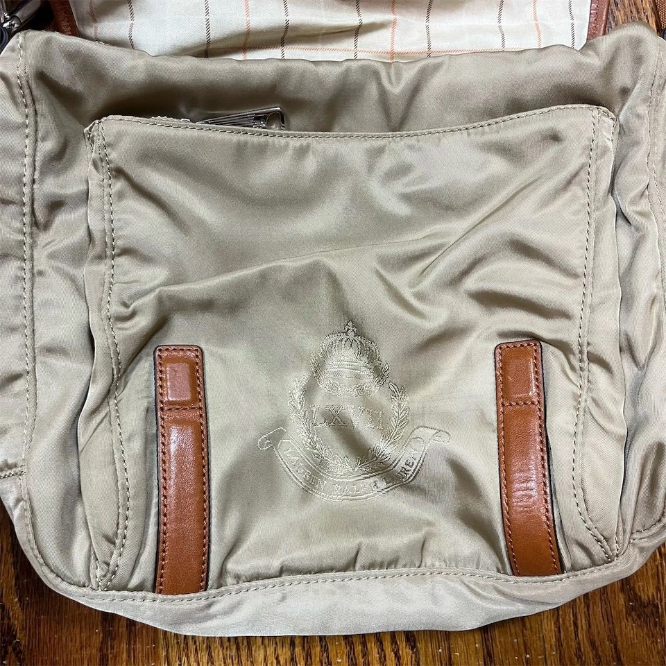 Bolso Mensajero Ralph Lauren Unisex Beige Marrón Cuero Borde 11"x12" Cierre Imán Foto 3 de 4