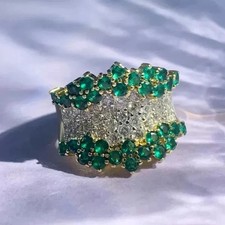 Natural Green Emerald 2.80Ct Round Cut Cluster Band Ring 14K Yellow Gold Plated