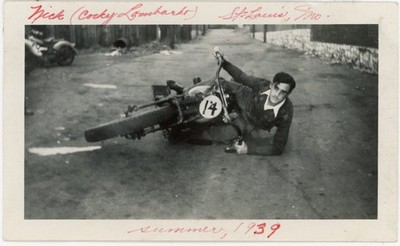 NICK  CORKY  LOMBARDO MOTORCYCLE ACCIDENT PHOTO, ST. LOUIS, MO., SUMMER 1939