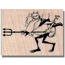 Wood Rubber Stamp, Devil With Tail, Man,Fun,Costume,Pitchfork,People,Religious