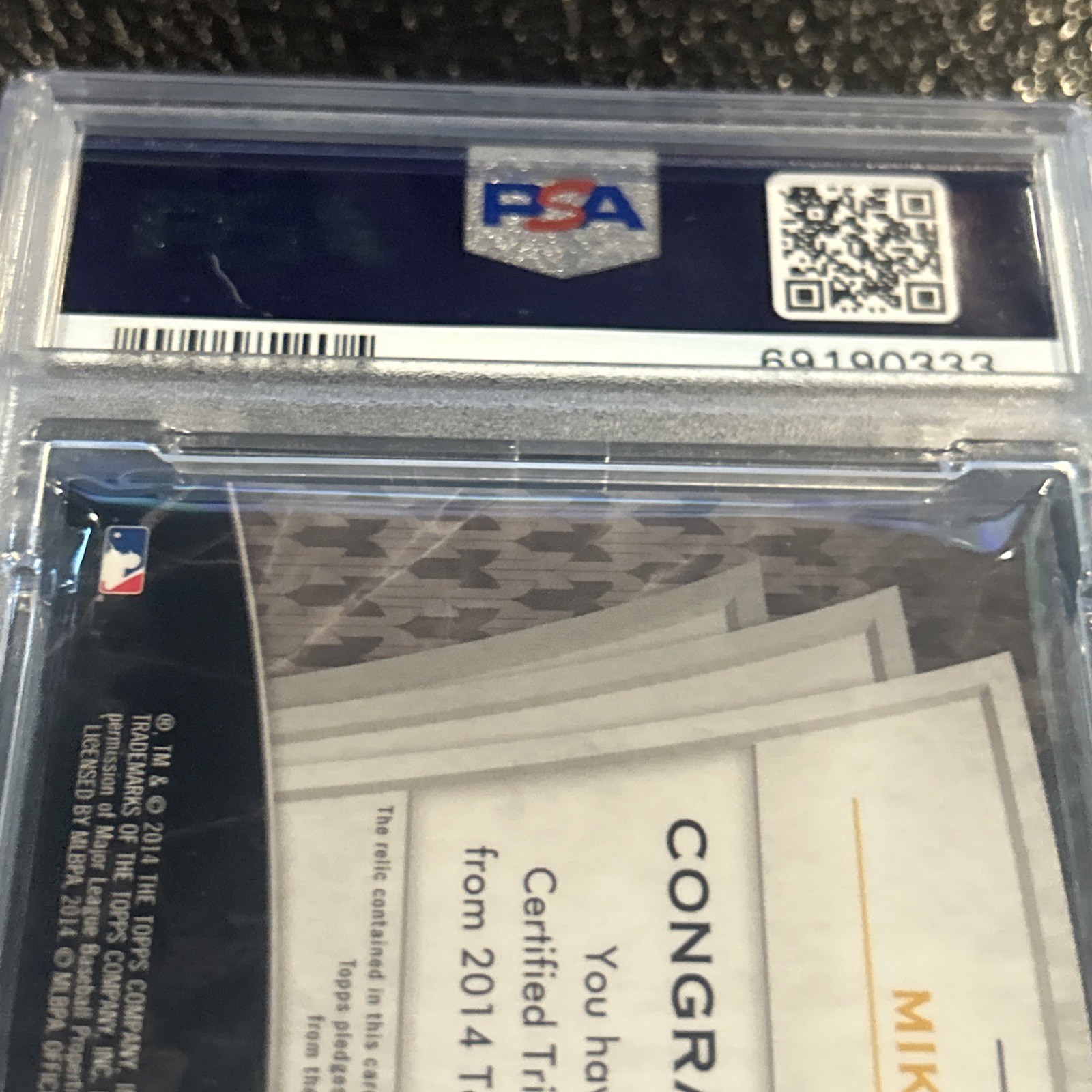 2014 Topps Tribute  Mike Trout  Titans Relic Blue #TTRMT PSA 8  /50 view 8