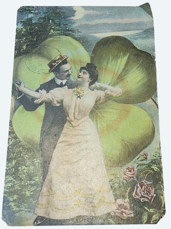 Antique German Postcard Couple Dancing & Four-Leaf Clover Postmarked Early 1900s
