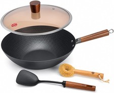 Lightweight Carbon Steel Wok Pan with Lid, 12.6" Flat Bottom