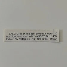 Ore Car Eimco Air Motor Wm. Yancey Fallon NV 1983 Mining Ad SAJ1-S31