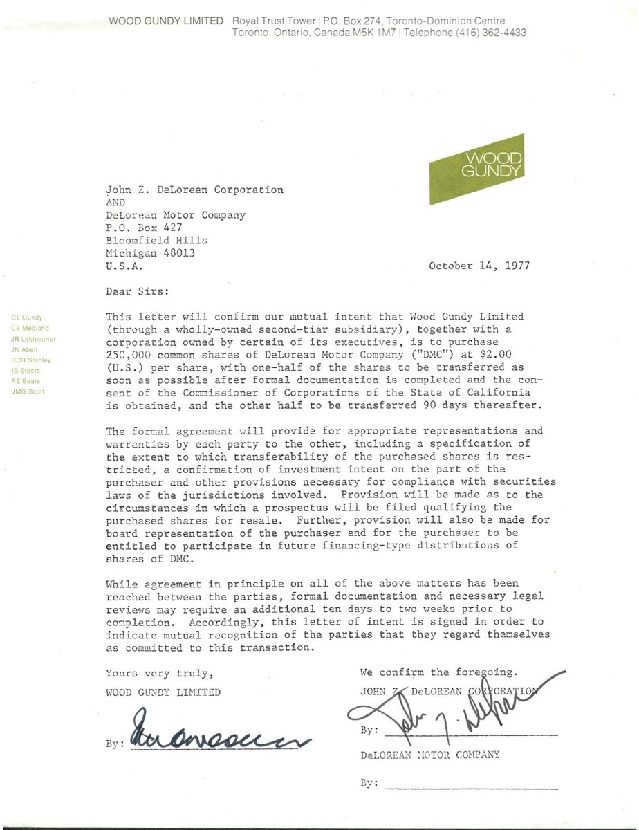DeLorean John DeLorean Signed Autograph Letter Agreement Contract JSA Back To The Future