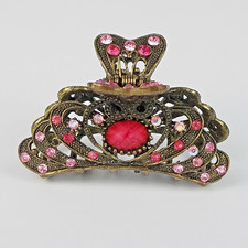 Vintage 90s Metal Rhinestone Hair Claw Clip Bronze Pink Butterfly 2.75"