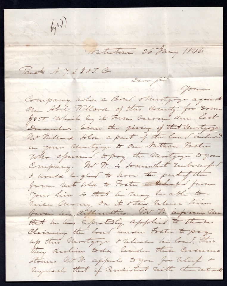 US 1846 STAMPLESS "PAID" "10" CENTS & "WATERTOWN" ALL IN BLUE ON FOLDED LETTER - Image 3 of 3