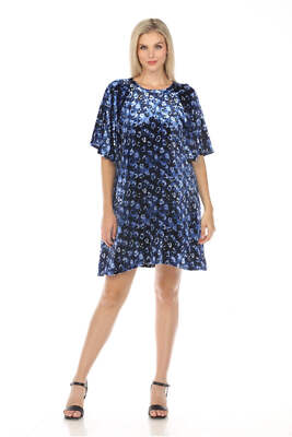 Johnny Was JWLA Blue Iris Leopard Velvet Flutter Sleeve Raglan Dress Boho Chic J