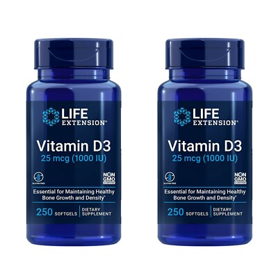 2PC Life Extension Vitamin D3 25mcg 1000 IU Supports Bone Immune System 250 SGel