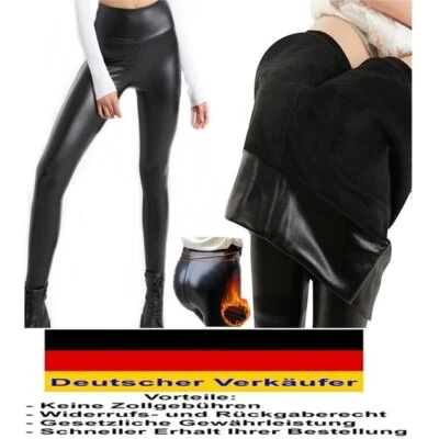 Damen Thermo Leder Optik Leggings Hose Schwarz Matt Warm Winter 34 36 38 40 42 - Bild 1 von 3