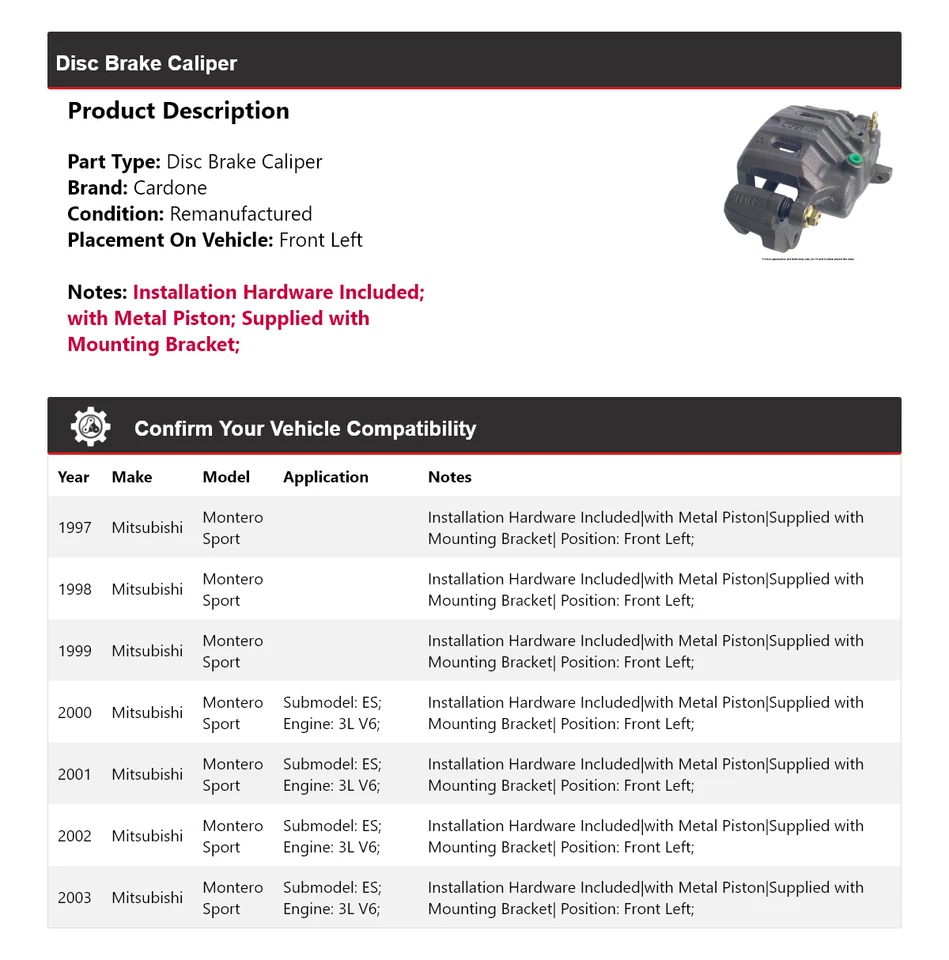 Pinza de freno de disco delantera izquierda cardona para Mitsubishi Montero Sport 1997-2003 Foto 2 de 4