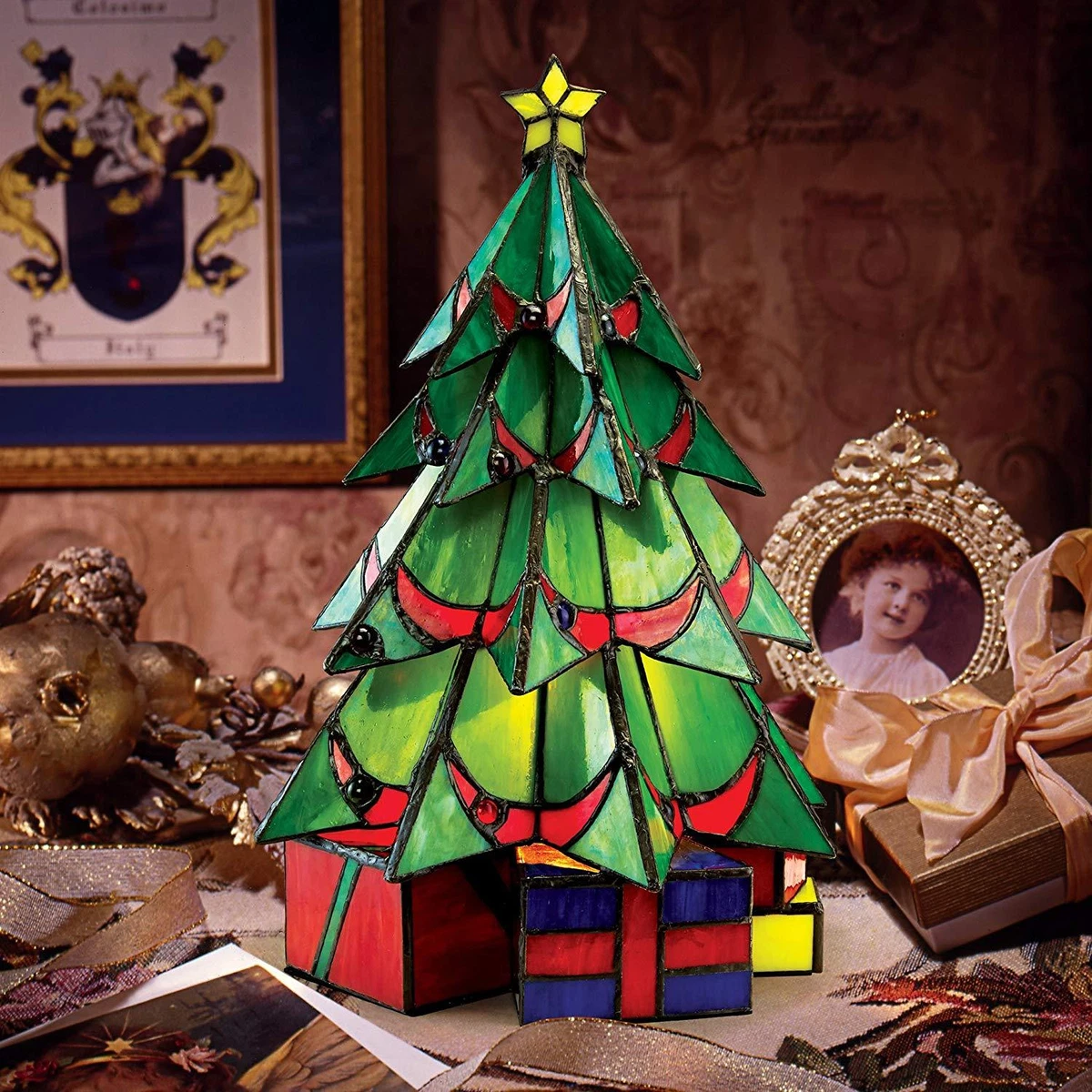 Stained glass christmas tree lamp deals