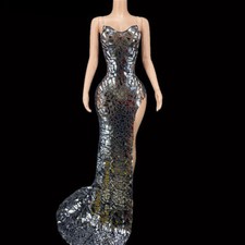 Mirrors Sleeveless Long Party Wear Dance Performance Evening Stretch Dress