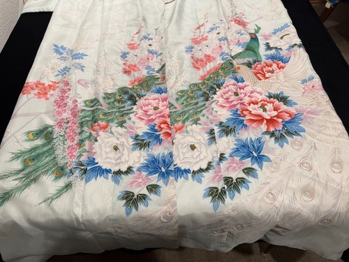 Vintage Japanese Kimono Silk Peacock Bird Floral Elaborate Pattern Pale Green - Picture 10 of 15