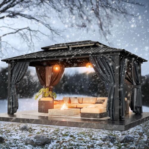 10' x 12' Outdoor Hardtop Gazebo Canopy w/ Aluminum Frame Sidewalls, Brown NEW# - Picture 16 of 22