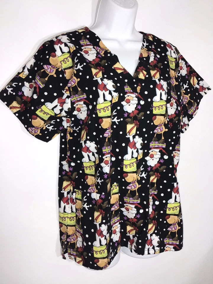 Tafford Womens Scrub Top Size S Black Christmas Santa Rudolph Snow Print Festive - Image 3 of 4