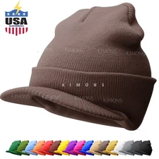 Bill Visor Cuff Beanie Knit Cap Hat Ski Thick Brim Warm Winter Unisex US MADE