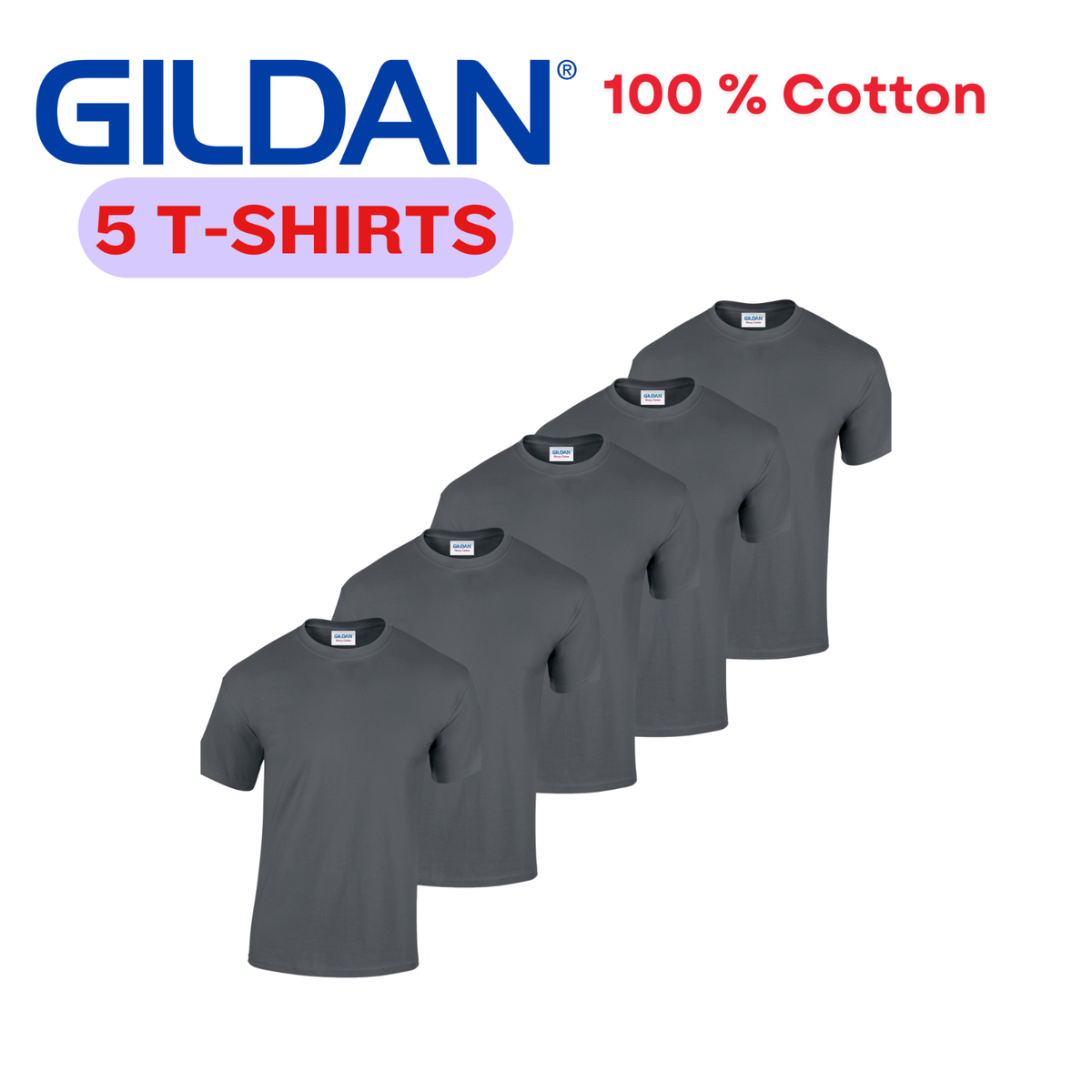 Gildan Men's Heavy Cotton T-Shirt 5-Pack - Classic Fit, Preshrunk Jersey, Multiple Color Options