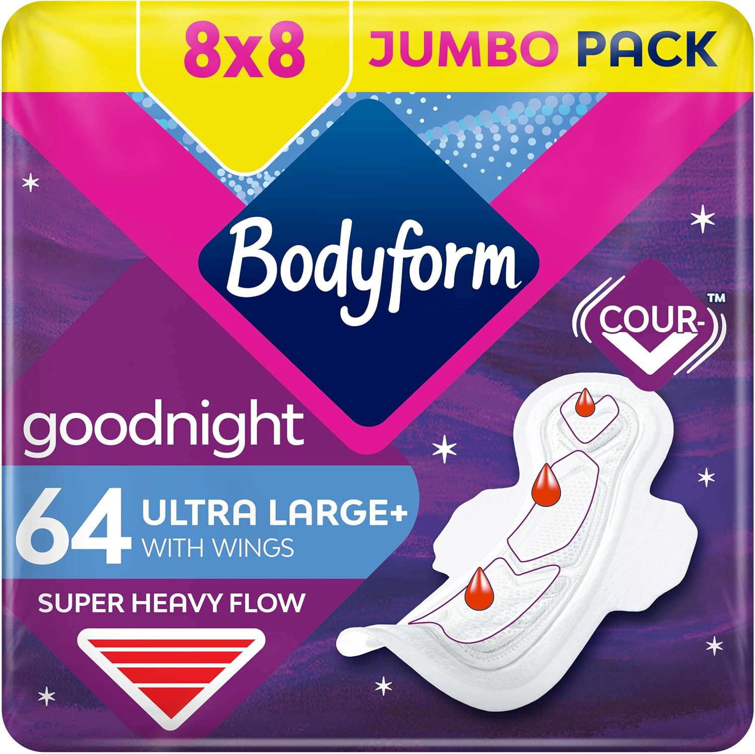 Bodyform Ultra Goodnight Sanitary Towels with Wings, 64 (8 X 8 Packs) Period Pad