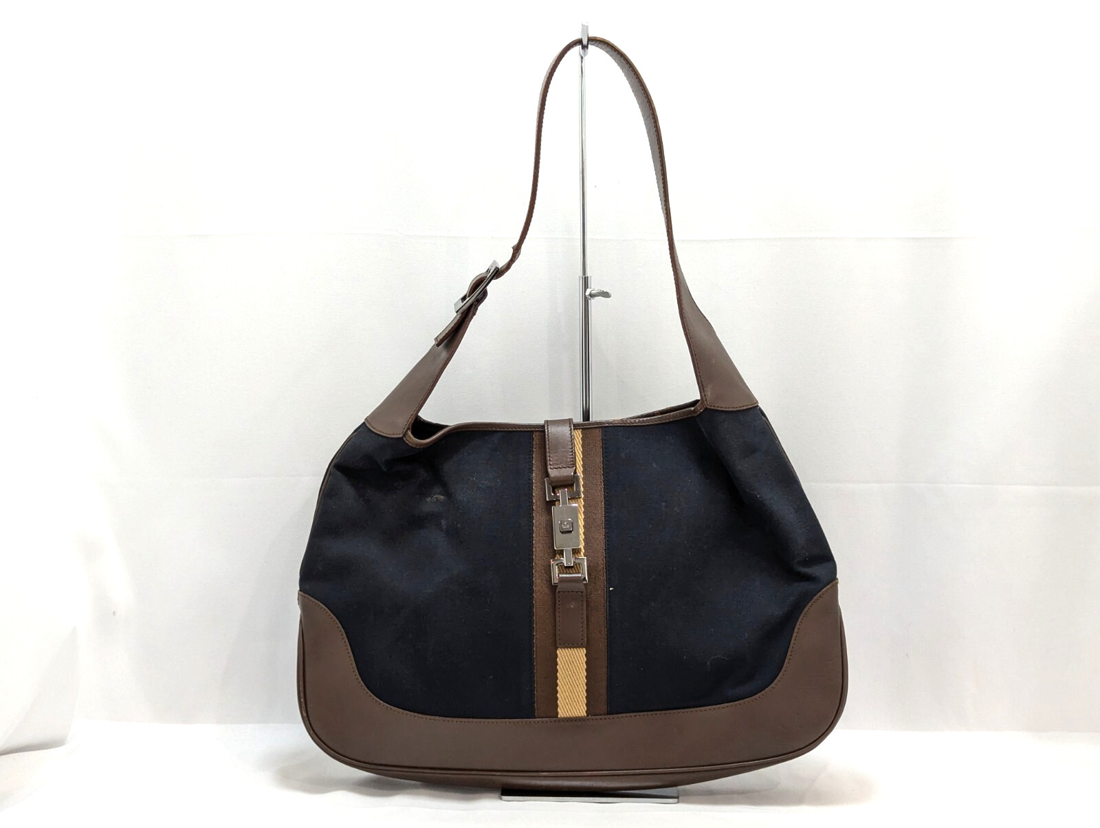 Borsa a tracolla Gucci Jackie in pelle di tela marrone navy linea sherry aute...