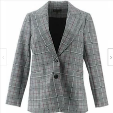 DG2 Diane Gilman Ponte Knit Boyfriend Blazer Glenn Plaid, M