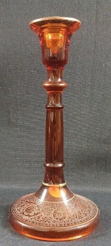 CAMBRIDGE GLASS CANDLESTICK HOLDER URN ETCH PEACH-AMBER TALL #438 Pair (2) - Picture 6 of 14