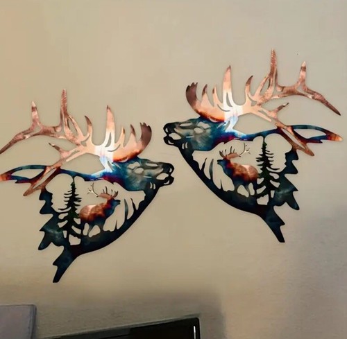 2pcs Elk Head Metal Wall Art Rustic Home Decor 11.8x11.1 Inches Each