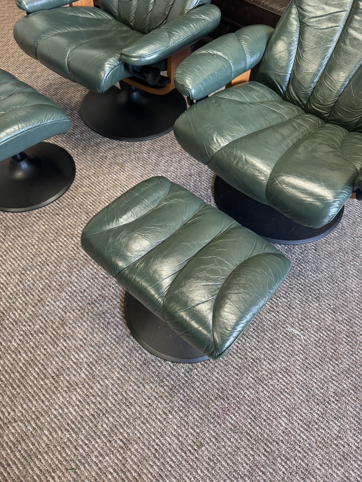 Stressless Ekornes pair green leather armchairs with footstools eBay