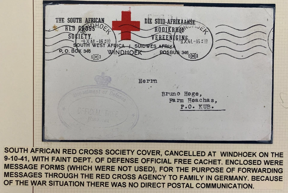 Windhoek 1941 Sudáfrica Cruz Roja Sociedad Cubierta con Mensaje Formulario Hoge Foto 3 de 3