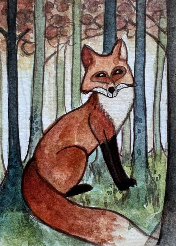 Original ACEO Fox Painting Miniature Art Card Ooak By Artist Dulshan C6