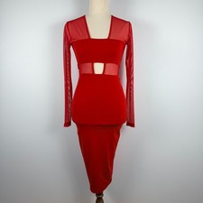 Nookie Red Mesh Cut Out Midi Dress XS Long Sleeve Bodycon Party Cocktail