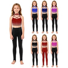Kids Girls Tracksuit Training Outfit Workout Set Biking Costume Rhinestone Yoga