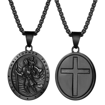 Men Vintage Saint Christopher Medal Oval Pendant Stainless Steel Necklace Amulet
