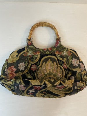 Vintage Talbots Bag Tapestry Purse Bamboo Handles Gold Green Pink Snap Closure