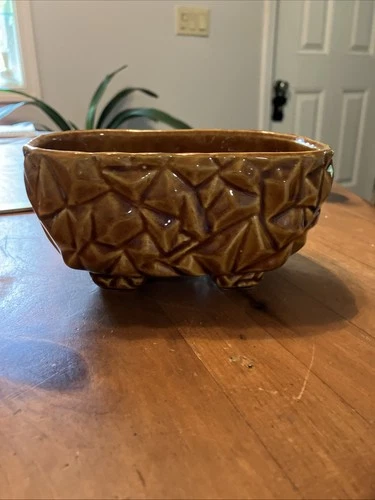 Vtg McCoy Pottery Planter Ochre BrownChunky Pebble Faceted Mid Century