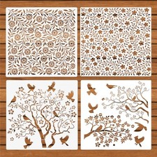 4pcs Large Bird Flower Stencils for Painting, Reusable Botanical Floral