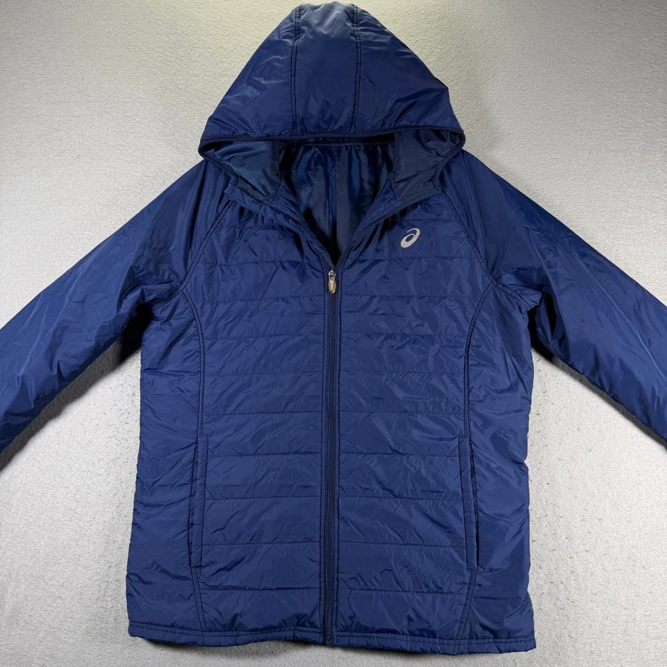 Asics Mens Blue Puffer Hooded Jacket Lightweight Full Zip Athletic Sportswear - Image 3 of 4