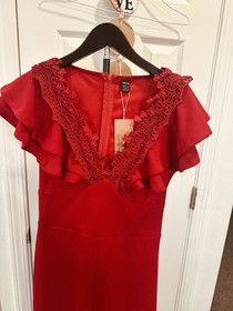 SHEIN Red Ruffle Lace V-Neck Jumpsuit Short Ruffle Sleeve Size M