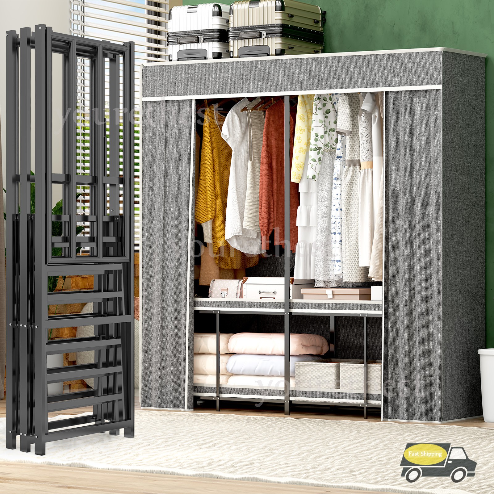 66" Assembled Wardrobe Closet Portable Closet System w/Cover Heavy Duty 3000 Lbs