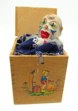 Vtg 1950s West Germany Wooden Clown Jack in the Box Spring Pop Toy Working 919B