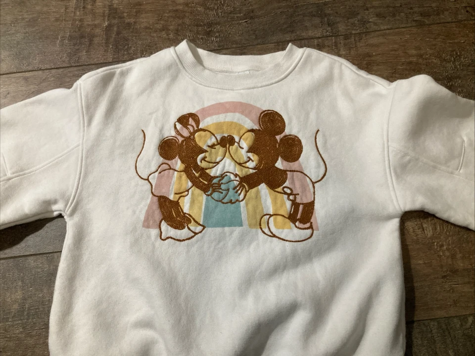 Disney Mickey Minnie Teens Small White Sweatshirt Embroidered Pullover Classic - Image 2 of 4