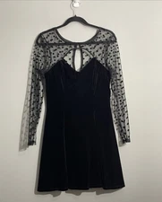 City Vibes Women’s L Velour Dress Polka Dot Sheer Yoke Dramatic Romantic